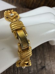 Gold Tone Sliding Charm Bracelet Double Chain Cameo Flower Heart Rhinestones