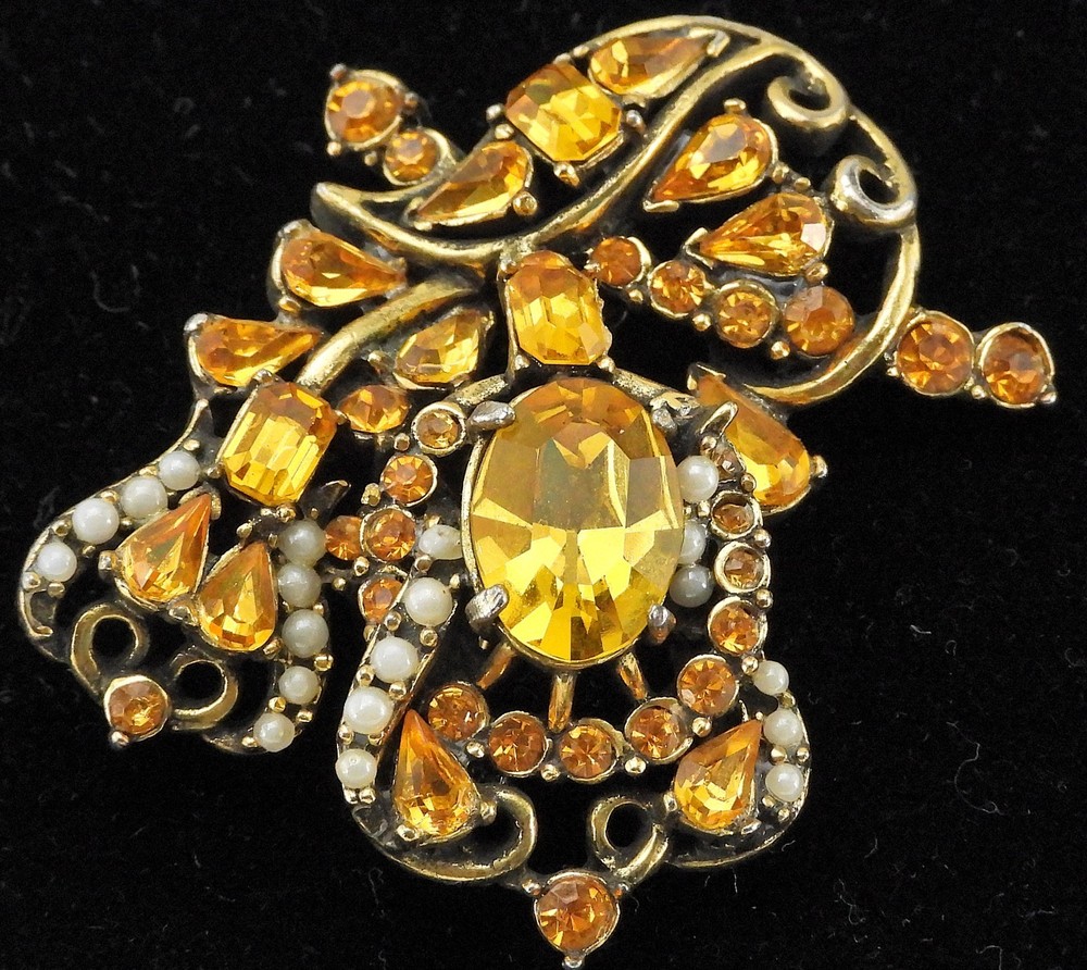1953 HOLLYCRAFT Rhinestone Floral Brooch Faux Golden Topaz & Pearls Signed Dated
