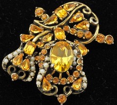 1953 HOLLYCRAFT Rhinestone Floral Brooch Faux Golden Topaz & Pearls Signed Dated