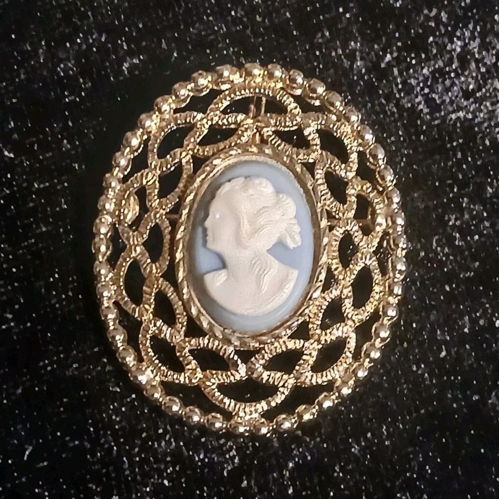 Signed Sarah Coventry Womens Oval Cameo Portrait Brooch Pin Gold Tone Blue/White
