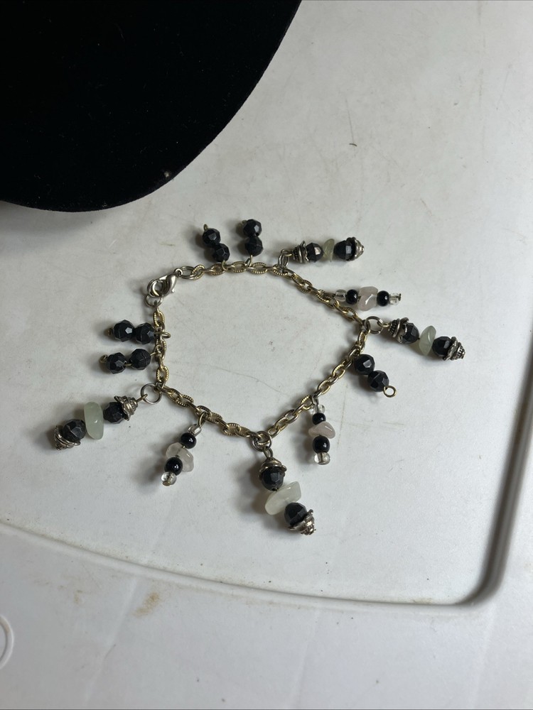 Gold Tone Chain Bracelet with Beaded Dangle Charms Black and White Unbranded VTG