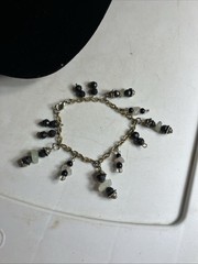 Gold Tone Chain Bracelet with Beaded Dangle Charms Black and White Unbranded VTG