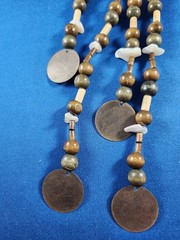 Vintage Bohemian Dangle Wooden Beads Faux Bone & Metal Coin Clasp 10” long