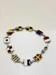 Vintage Enameled Sterling Silver Nautical Flag Sweetheart Bracelet 8.5”