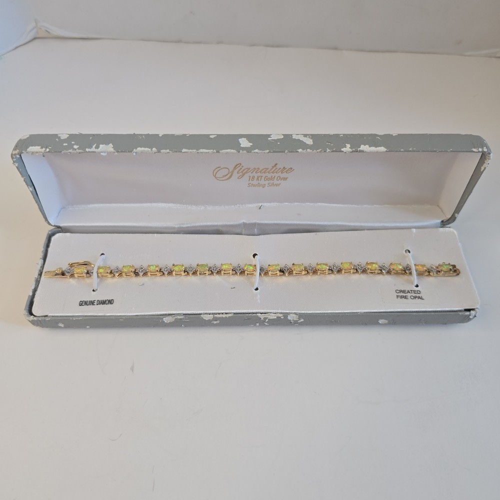 18kt Gold Over Sterling Silver Diamonds & Created Fire Opal Tennis Bracelet 7.5