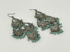 Vintage Filigree Chandelier Earrings Silver Tone Turquoise Beads 3.5in