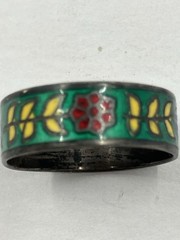Vintage Enamel Ring Floral Siam Sterling Cloisonné Niello Band 925 Size 6.5