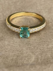 Emerald Cut Natural Emerald Ring with Moissanite Accent Band Handmade Ring