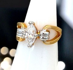 Vintage 1970s Vargas Marquise CZ Ring 18KT Gold Plate Two Tone Size 7 – 5T