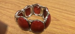 Red Oval Plastic Stone Silver Tone Metal Flex Stretchy Bracelet Adjustable Flaw