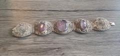 Antique Silvertone Filigree Amethyst Glass Stone 7″ Bracelet