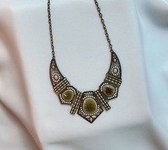 Vintage Boho Statement Bib Necklace, Olive Cabochons, Ivory Beading