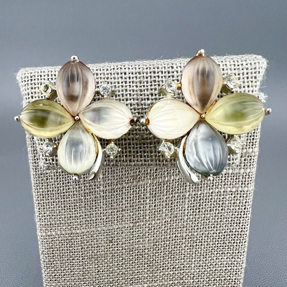 Vintage Lisner Earrings Thermoset Floral Rhinestone Silver Tone Screw Back