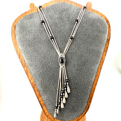 Vintage 925 Sterling Silver & Onyx Southwestern Lariat Necklace Liquid Silver