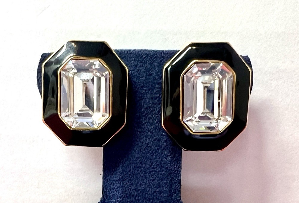 VTG Signed Trifari Black Enamel Clear Crystal Octagon Gold Tone Pierced Earrings