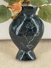 VTG SWOBODA Carved Jade & Coral Roses in Onyx Vase brooch -Read-