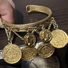 Vintage Cuff Bracelet Faux Coins Mesh Bracelet Elizabeth II Regina 2 1/4”