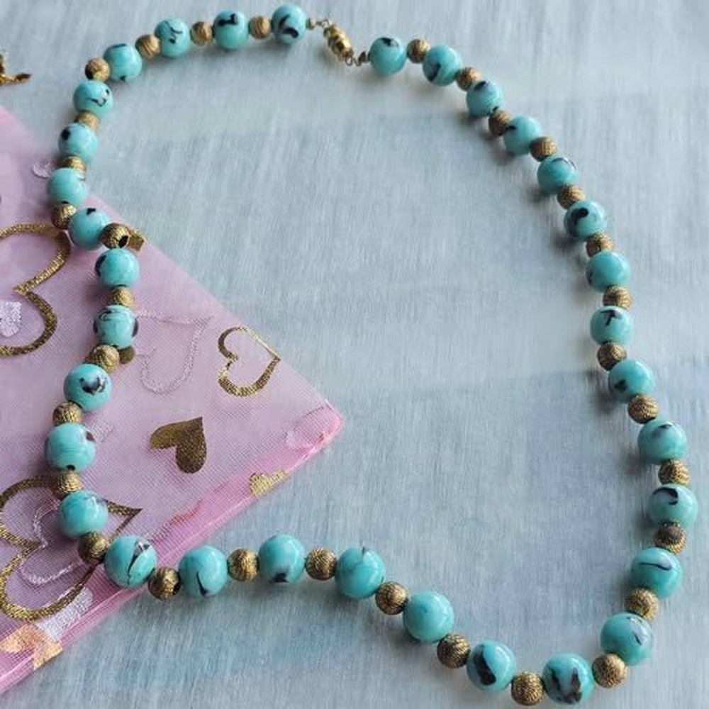 Vintage Lampwork Aqua Blue Glass Bead Necklace Textured Brass Spacers Art Glass