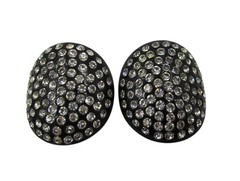 Large Black Lucite Flush Set Rhinestone Clip Earrings Mid-Century Vintage