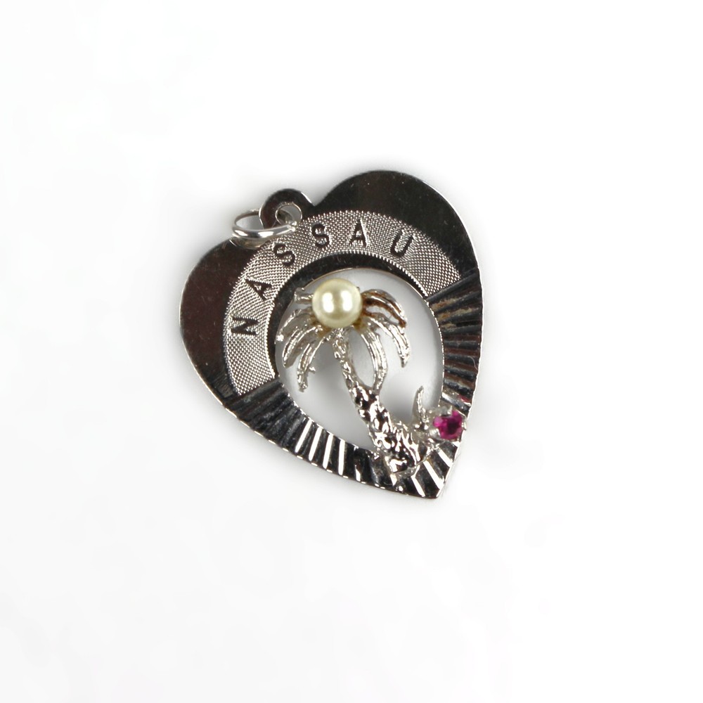 Vintage Crea Sterling Nassau Charm Pendant Faux Pearl Garnet Bahamas Palmtree