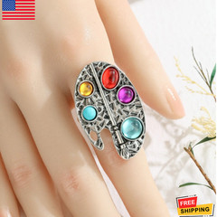 Vintage Silver Geometric Ring Women Oval Colored Stone Adjustable Jewelry