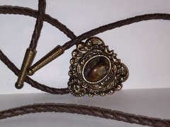 VTG Bolo Tie Leather, Bronze-Tone Pewter(??) Brown Polished Stone *READ ALL*