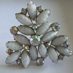 Vtg Rectangle GoldTone Brooch AB Rhinestone White Milk Glass Marquise Stones B30