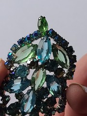 VTG MCM Aque Blue & Lime Green Rhinestone Leaf Brooch Pin (Some AB Finish)
