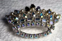 Signed Crown Brooch Pin Silver Tone AB Multicolor Rhinestones Faux Pearls