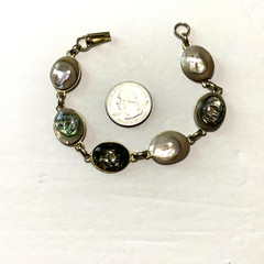 Vintage Silver Tone Abalone Link Bracelet 1970’s Paua Shell Oval Cabochons 7.5″