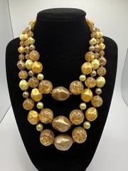 Japan Choker Necklace w/ Faux Pearl Crackled Lucite Gold Tan Yellow