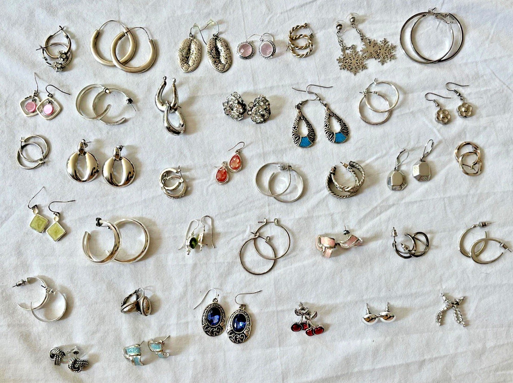 Vintage Silver To Pierced Earrings Lot Of Over 30 Pairs! Hoop Dangle Post