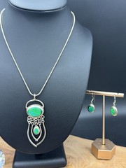 VTG Sterling Silver CHOEN MEXICO Blue Fire Opal Inlay Necklace Pendant Earrings