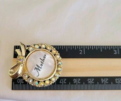 Vtg Faux Mother of Pearl Lucite AB Rhinestones Pin Gold Tone Mother’s Day Brooch
