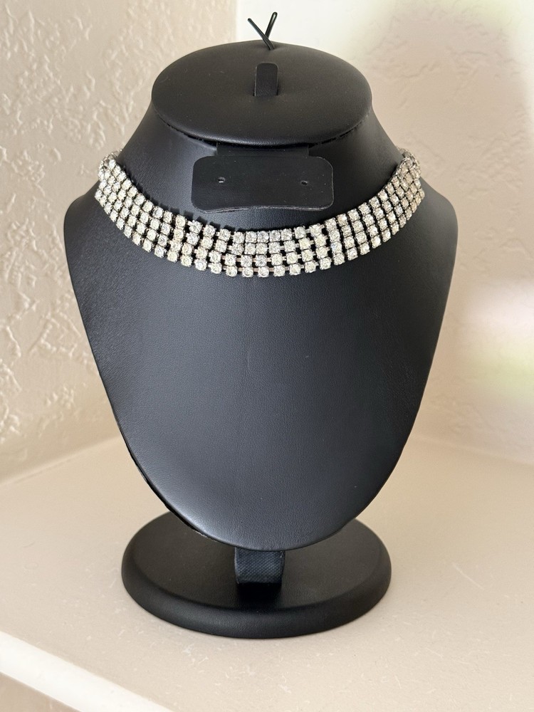 Vintage 1950’s Four Row Rhinestone Choker Style Necklace Silver Tone 15” Inch