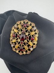 VTG Monet Signed Tigereye Ruby Topaz Gold Crystals Oval Broach Pin Filagree