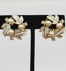 Judy Lee Leaf Leaves Wreath with Faux Pearls & Crystals Vintage Clip On Earrings