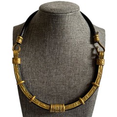 Vintage Black Leather Brass Artisan Choker Necklace Tribal Boho Statement Collar