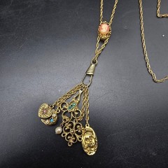 Etruscan Revival Charm Necklace Watch Fob Gold Tone Cameo Goldette Style