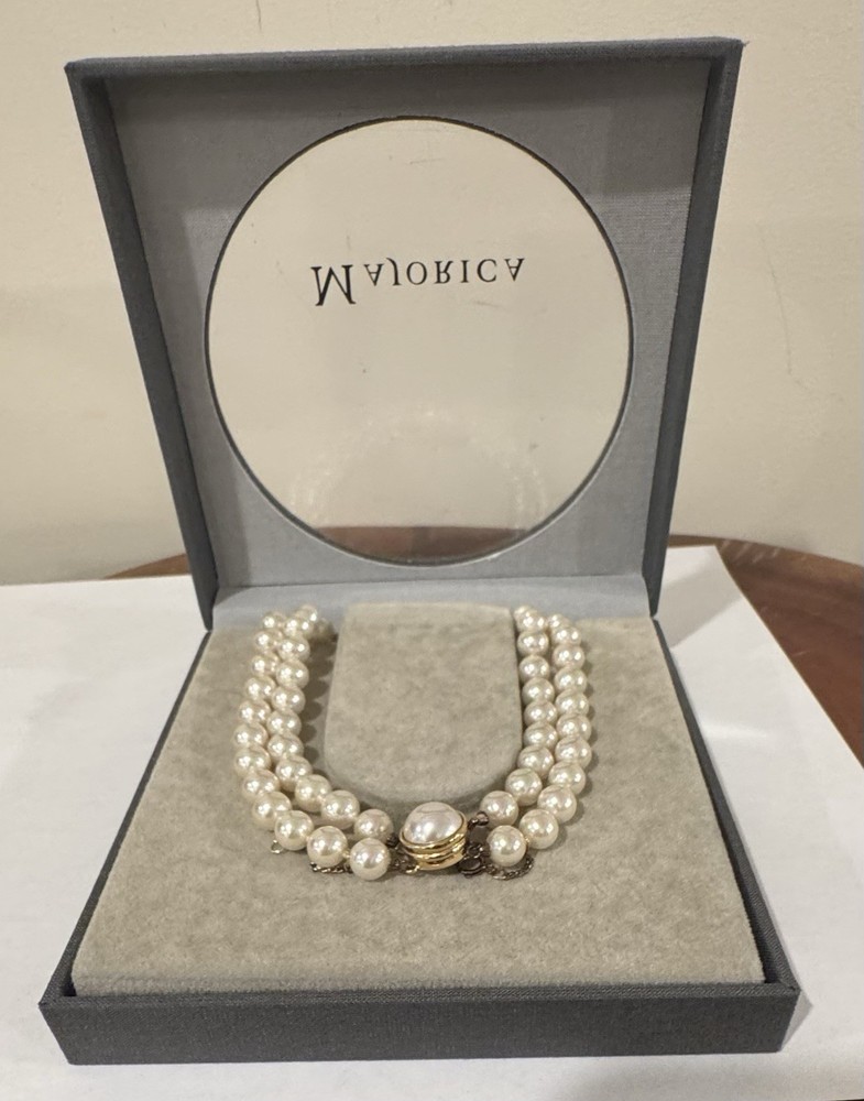 Vintage Majolica Double Strand Pearl Necklace 20″ Matinee Vermeil Clasp Box COA