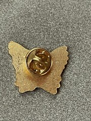 Vintage Red Yellow Blue Green Enamel Butterfly w White CROSS Goldtone Lapel Hat