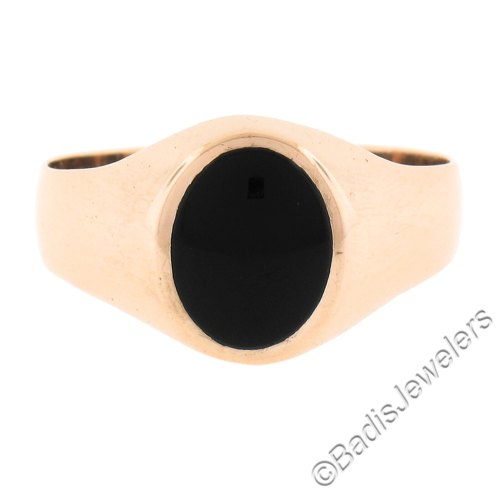Unisex Vintage European 18K Rosy Gold Inlaid Oval Black Onyx Solitaire Band Ring