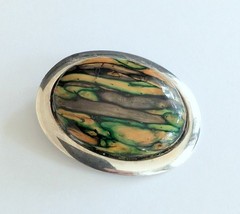 Beautiful Vintage Oval Silver Plated Multicolor Stone Pin Brooch