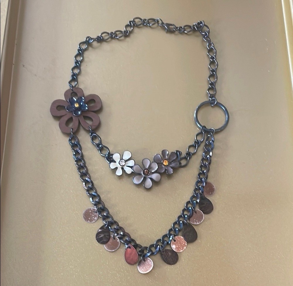 Vintage Y2K Floral Charm Necklace, Flower & Coin Charms, 15.5 inches
