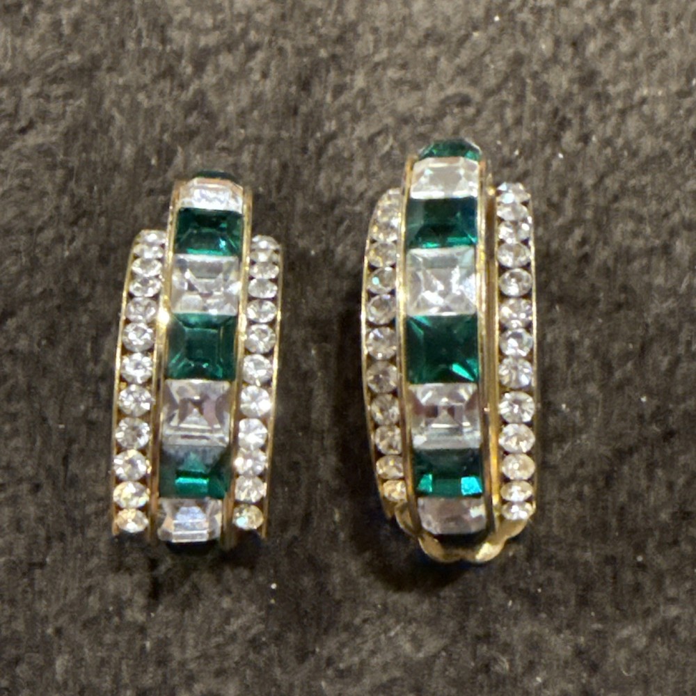 Gold Tone Green And White Rhinestones Clip On Earrings Approx 1”