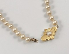 Vintage Champagne Knotted Faux Pearl Flower Clasp Long Necklace 30 In. #1028
