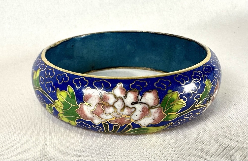 Vintage Wide Floral Blue Background Cloisonne Bangle Bracelet 3 1/8” Diameter