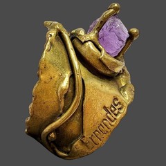 Vtg Brazilian Ernandes Brutalist Brass Ring w/ Raw Amethyst Adjustable 8 – 11