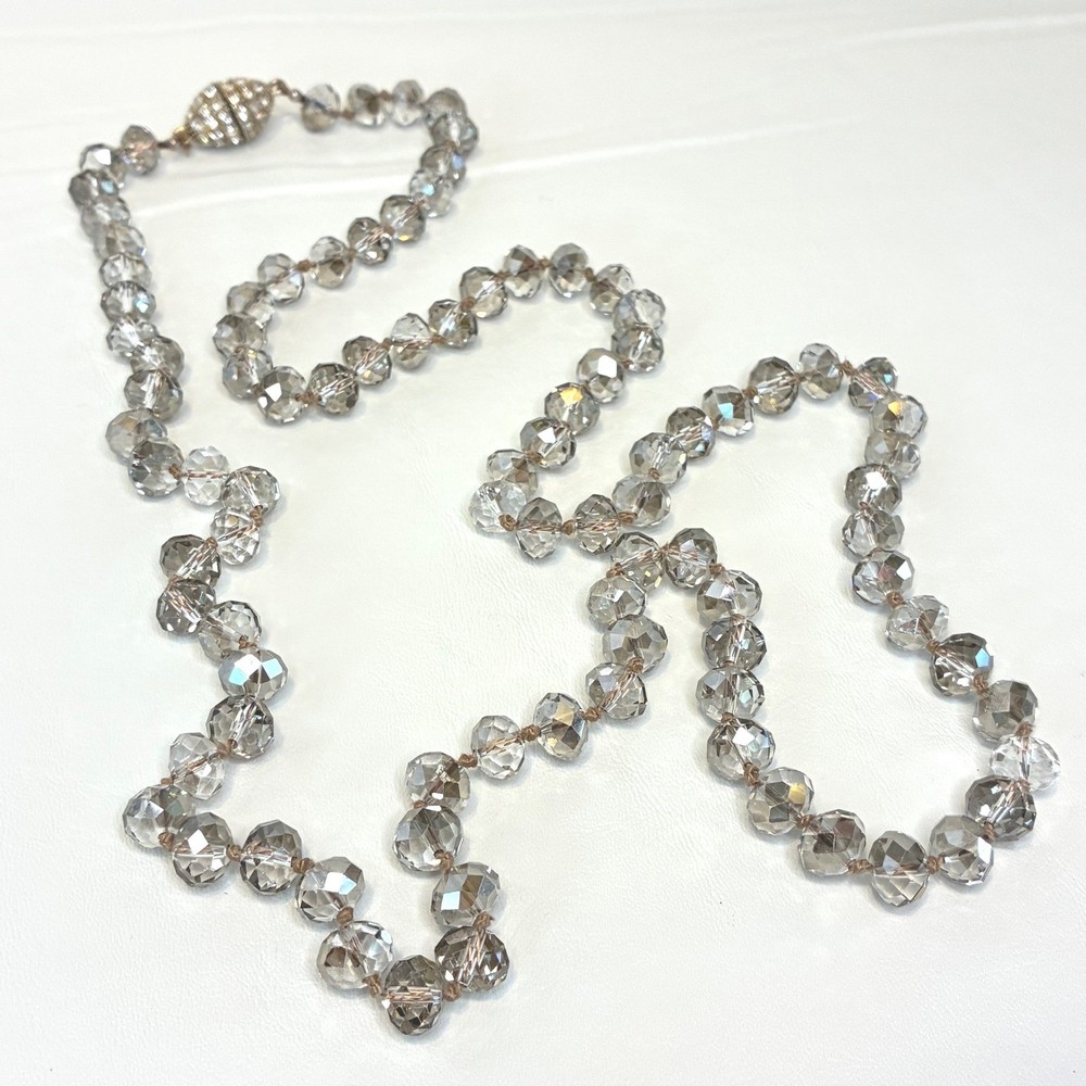 Vintage Smoky Gray Crystal Necklace Beaded Long Strand Magnetic Clasp 38″