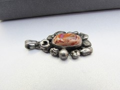 Vintage Mexican Sterling Silver Cantera Fire Opal Pendant- Orange Rainbow Stipe